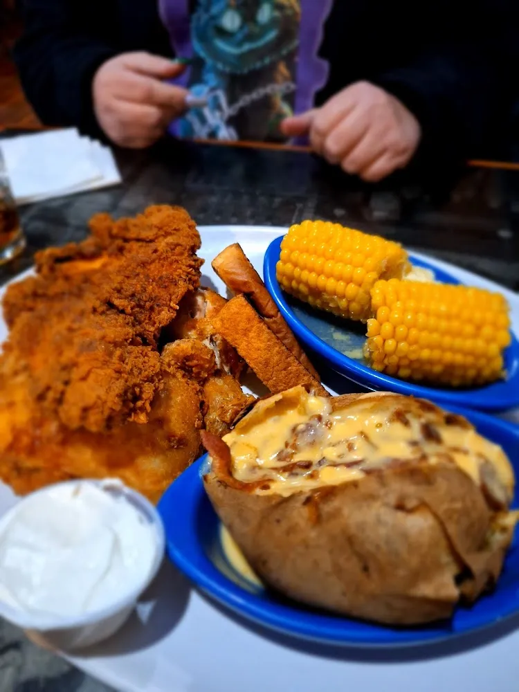 Fried Chicken Dinner with Corn and Baked Potato